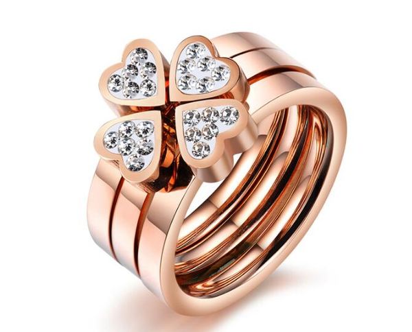 

clover rose gold ring diamond three in one love titanium steel ring, Golden;silver
