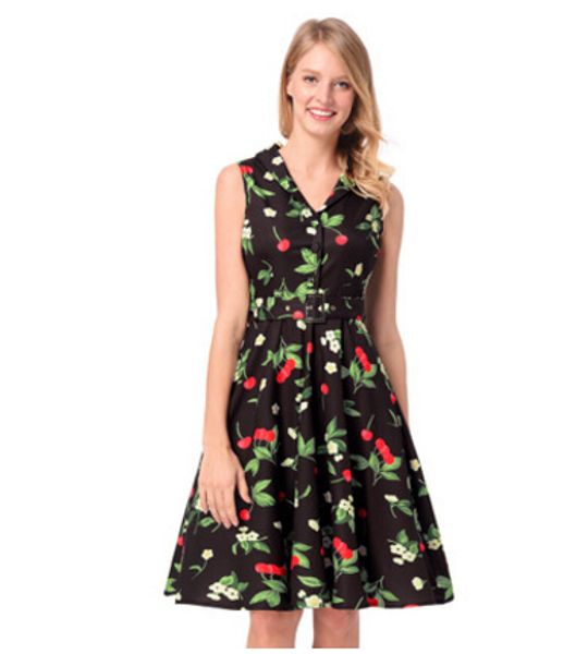 Bonito vestido de mulher cereja Impresso Office Lady Tank vestidos Floral Impresso Vestido camisa