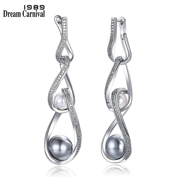 

dreamcarnival 1989 new arrive women drop earrings white and grey synthetic pearls zirconia paved infinity design for love we3818, Silver