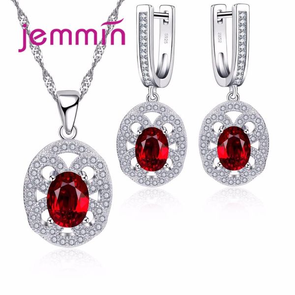 

jemmin shiny tiny cz paved earrings and pendant neckalce jewelry set fashion red oval stone crystal jewelry sets for women, Black