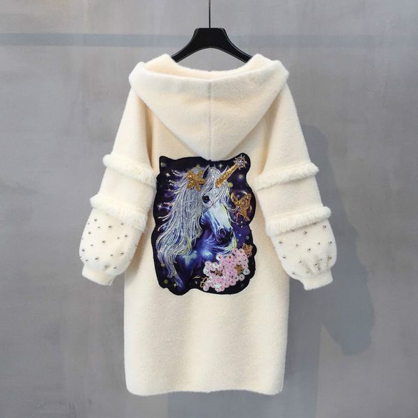 

mink cashmere sweater women cardigans autumn winter medium length sweaters cardigans coat with cap and pocket, White;black