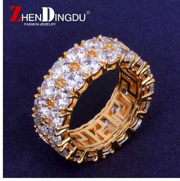 

two row solitaire men's ring copper charm gold silver color cubic zircon iced out ring fashion hip hop jewelry
