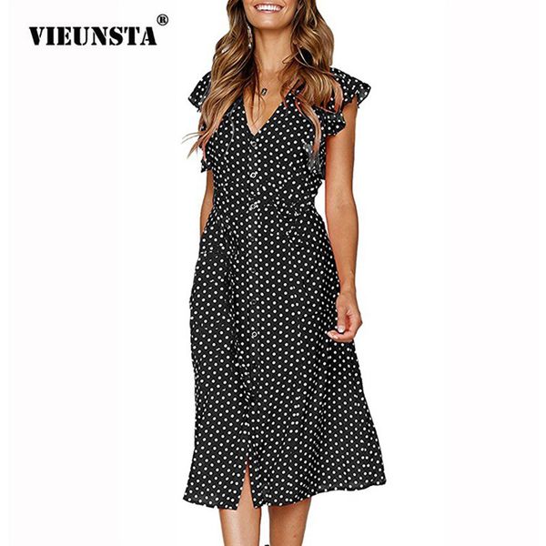 

vieunsta 2018 polka dot buttons summer dress women v neck butterfly sleeve irregular long dresses elegant sundress vestidos, Black;gray