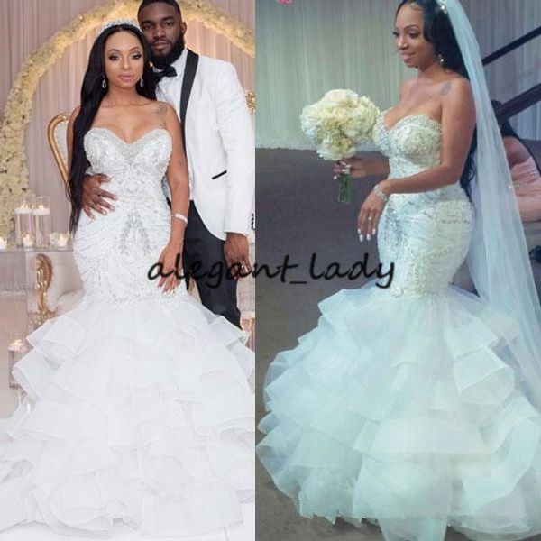 

2019 mermaid wedding dresses sweetheart crystal pearls beaded embroidery ruffled layered nigerian bridal wedding gowns, White
