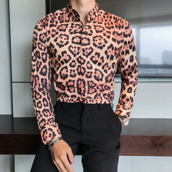 

british style tuxedo fashion leopard print mens casual shirt long sleeve slim fit dress shirts for men night club prom blouses, White;black