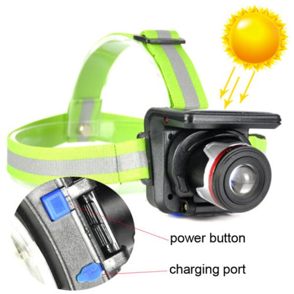 Wasserdichter solarbetriebener Scheinwerfer, 5 W, 350 lm, LED-XPE-Scheinwerfer, Outdoor-Sport, zoombare Taschenlampe mit Kopfgürtel, SOLARPANEL + Wandladegerät