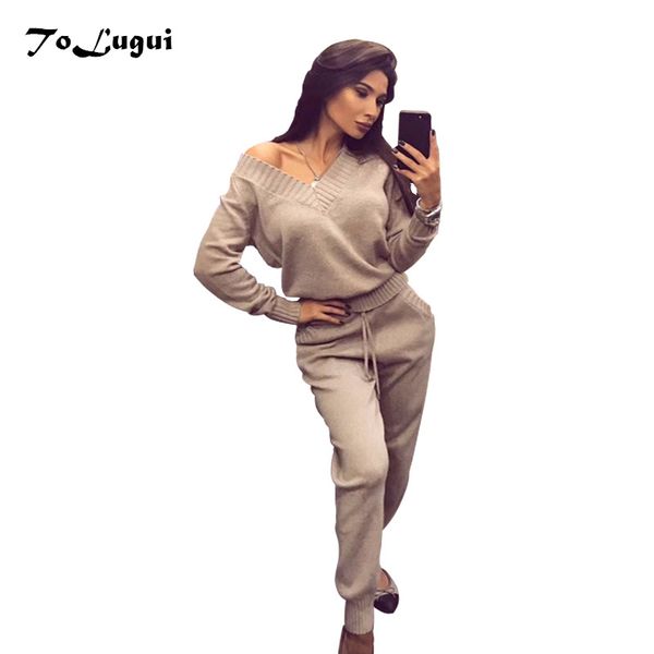 

new fashion women's autumn winter woolen and cashmere knitted suit v neck sweater tracksuit women hoodies two-piece set knit d18103105, White