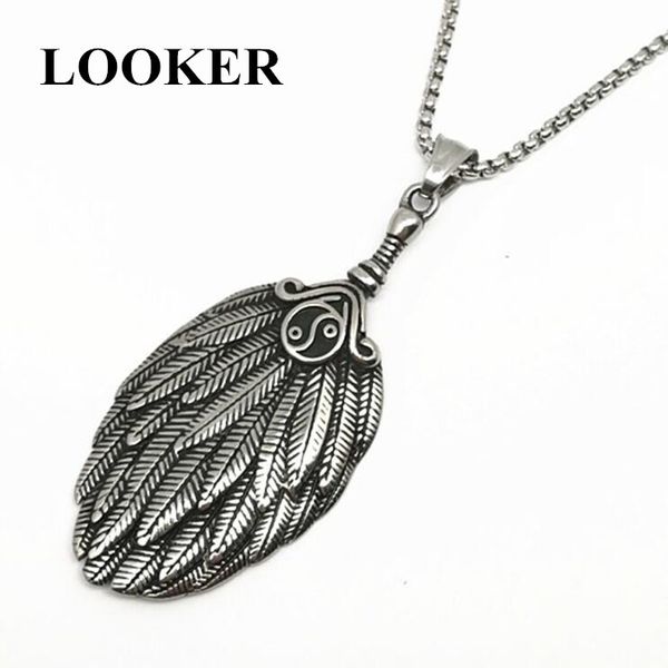 

looker punk tai chi gossip feather fan pendants necklace stainless steel collier statement necklace men religious jewelry, Silver
