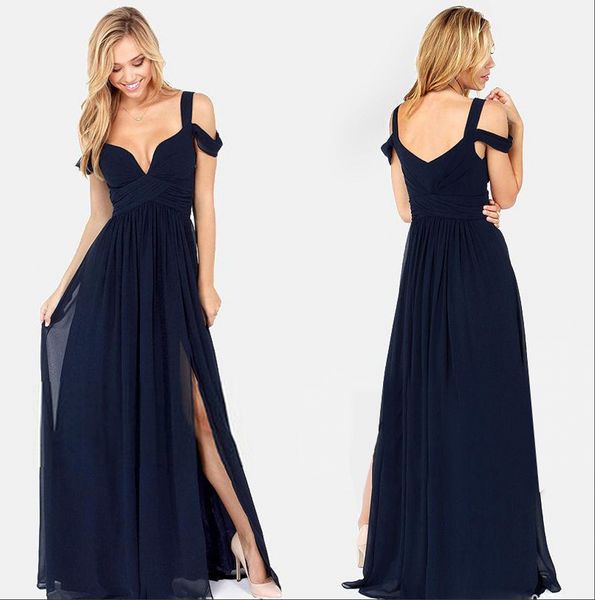 Na moda dividir azul marinho chiffon vestidos de dama de honra fora do ombro simples dama de honra vestido de festa à noite vestidos formais longos vestidos de baile