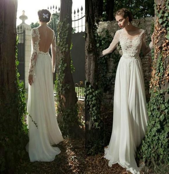 

sheer neck country wedding dresses long sleeves lace applique backless bridal gowns chiffon a line wedding dress, White
