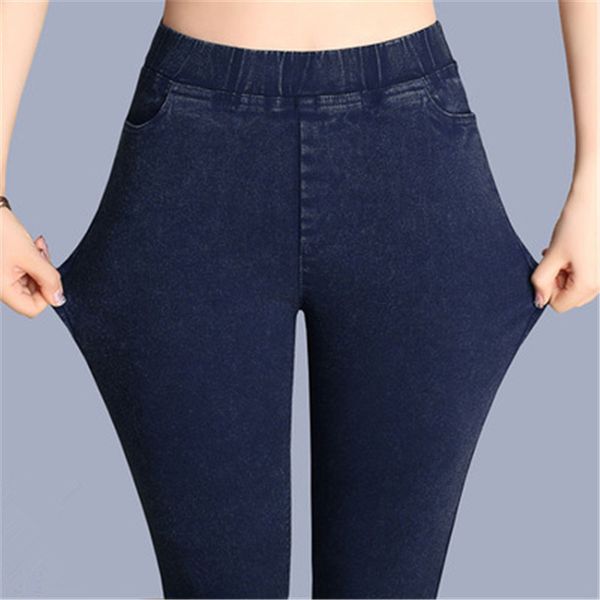 

new trend girls jeans spring autumn elastic band tight waist skinny slim pencil pant blue cotton denim patchwork pocket big size
