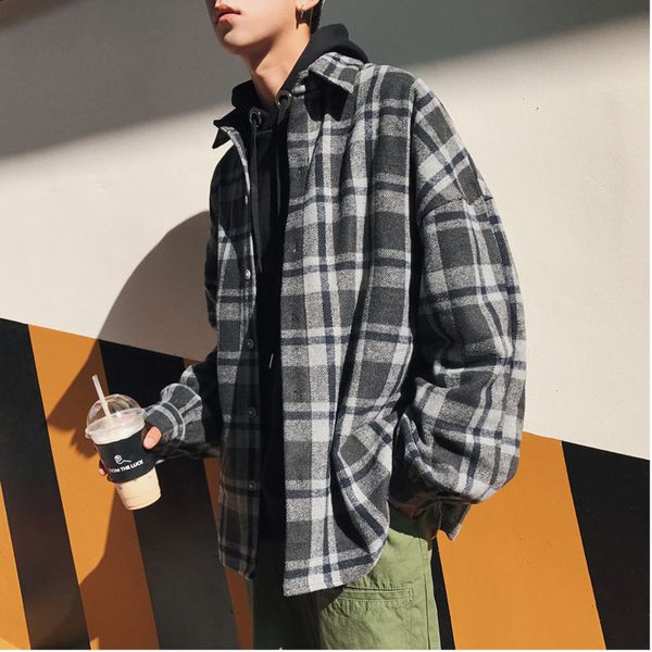 

autumn new plaid shirt men fashion retro casual loose wool long-sleeved shirt man streetwear hip hop male clothes -xl, White;black