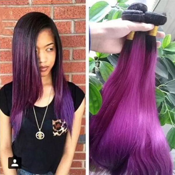 Ombre Purple Hair Ombre Hair Extensions Two Tone Weaves 100g Black