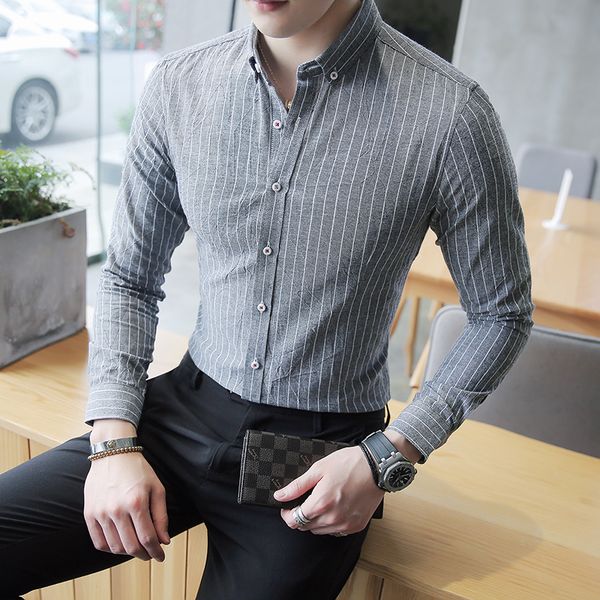 

long sleeve slim men dress shirt 2018 brand new fashion designer stripe male clothing fit business shirts 4xl, White;black