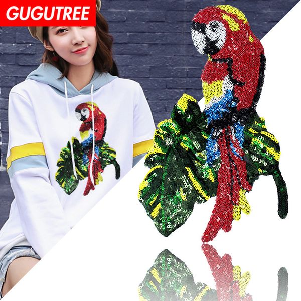 

gugutree embroidery sequins big parrot patches bird patches badges applique patches for clothing bp-269, Black