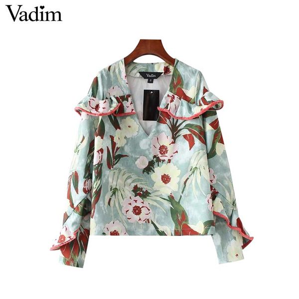 

vadim women elegant ruffled floral print shirts v neck tassel spliced long sleeve blouses female cute fashion blusas lt2892, White