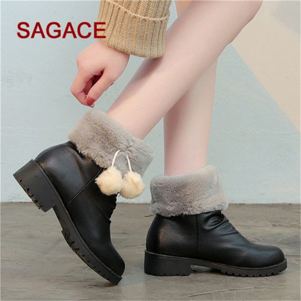 ChainSee Women Snow Boots Hairball Booties Round Toe Square Heel Shoes