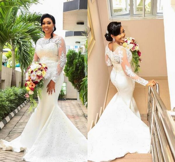 

plus size wedding dress mermaid with illusion long sleeve lace beaded sequins jewel wedding gowns bridal dress 2019 custom made formal party, White