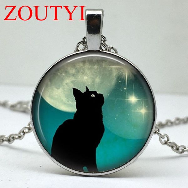 

2018 / fashion glamour black cat moon round pendant necklace, men's and women's pendant necklace, Silver