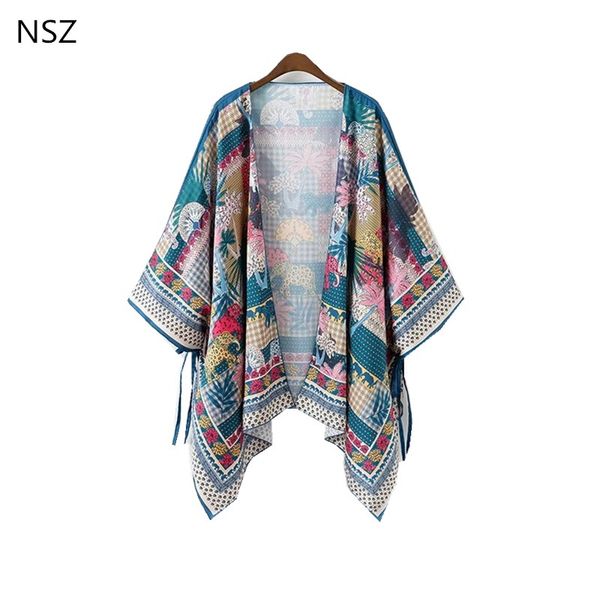 

nsz women summer beach kimono cardigan floral kimono oversized loose cape coats asymmetric casual blusa, White