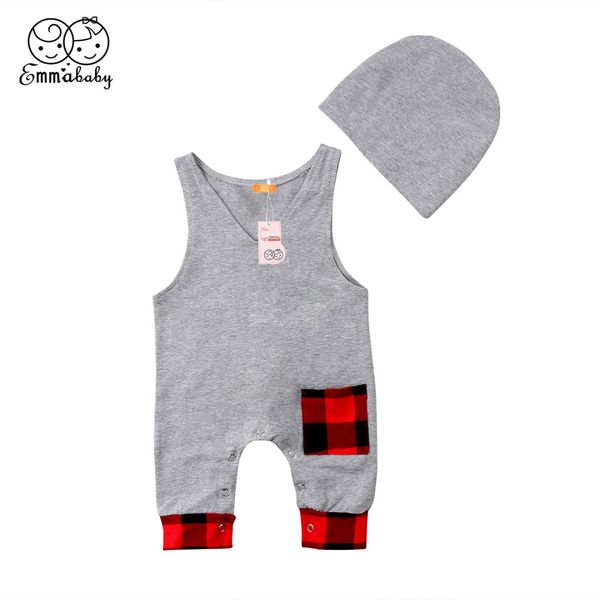 

summer new 2pcs toddler baby boy girl sleeveless plaid patchwork romper jumpsuit playsuit +hat casual kid outfit clothes set, White