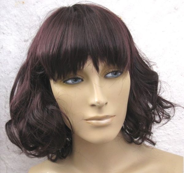 Parrucca per capelli di media lunghezza di qualità rosso scuro ricci ondulati, berretto gratuito