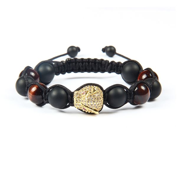 Pulseira dos homens Por Atacado 10mm Natural Ágata Fosco Olho de Tigre Vermelho Contas De Pedra Com Quatro Cores Micro Pave CZ Big Leopard Pulseiras