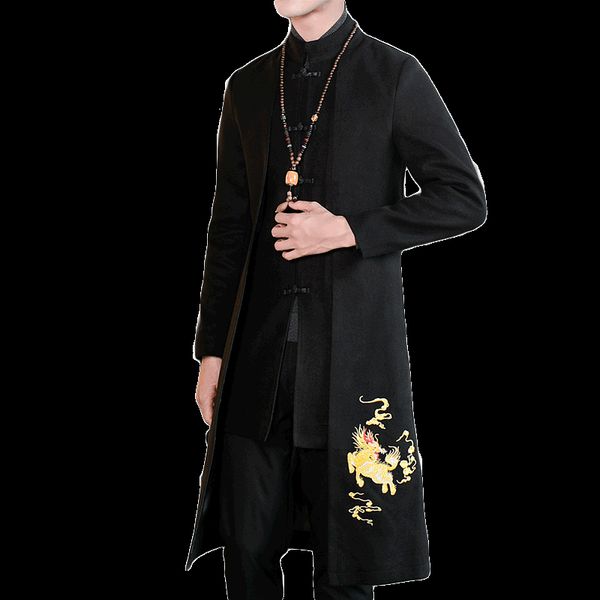 

men's trench coats long jacket men winter embroidery coat chinese style overcoat man 5xl large size, Tan;black