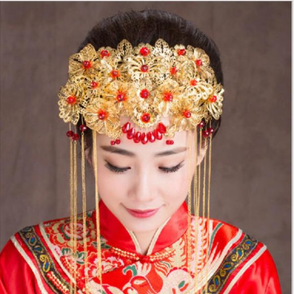 Trajes vermelhos, noivas de casamento, ornamentos, grosso estilo chinês Phoenix coroa vestido, grãos e acessórios.