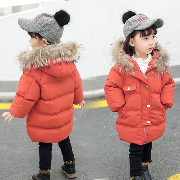 

girl's solid color korean style big fur hooded cold winter parkas casual small kids winter down jackets, Blue;gray