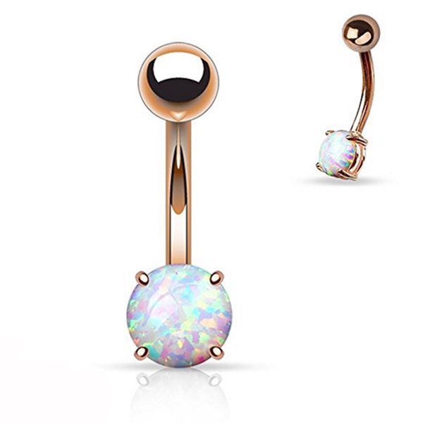 

showlove-1pc rose gold prong set opal gem navel belly button rings piercing bar charming body jewelry 14g, Slivery;golden