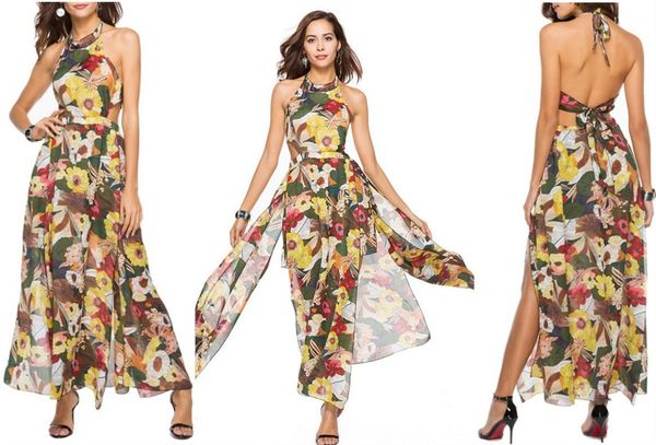 

2018 summer explosive women printing halter dress long female floral women sleeveless chiffon shirt dress for girl beach night club, Black;gray