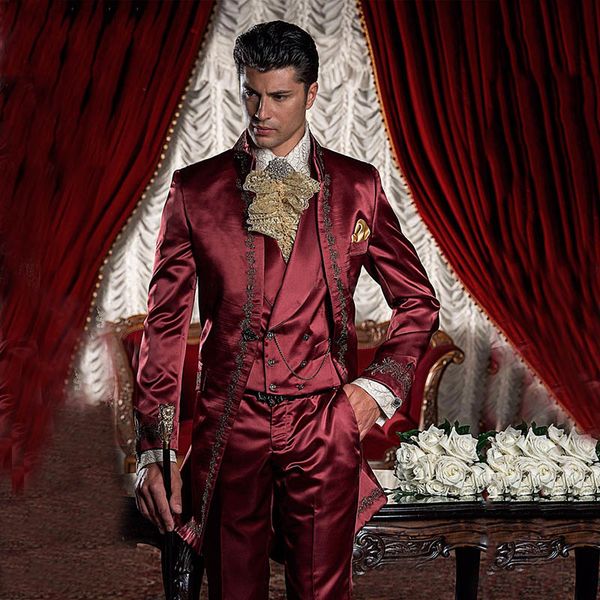 

italian wine red burgundy satin men suits stand collar vintage formal wedding suit for man party prom male ternos tuxedo 3 piece, White;black