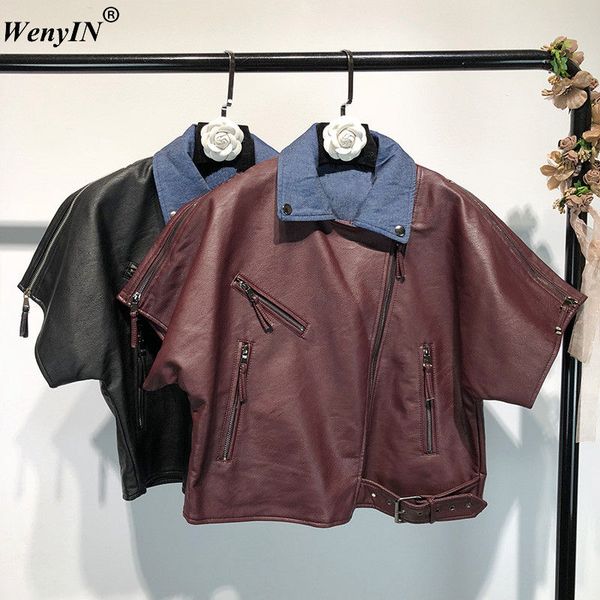 

wenyin 2018 autumn fashion streetwear bf style denim patchwork zippers pu jacket women casual coat motorcycle jacket wy-568, Black