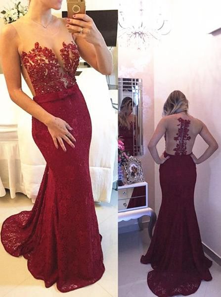 

sheer prom dresses burgundy lace applique beaded hollow back mermaid evening dress formal party dress plus size red carpet dress, Black