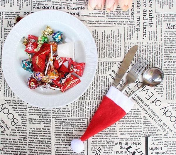 

christmas hat cutlery holder cutlery bag candy gift bags cute pocket fork knife holder table dinner decoration
