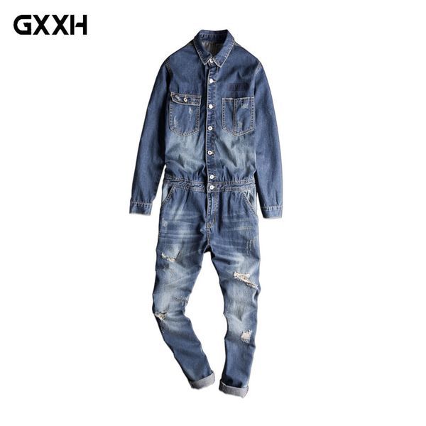 

autumn tide men's conjoined denim jacket set japanese retro motorcycle tooling jumpsuit slim korean hip hop 0veralls size xxl, Blue