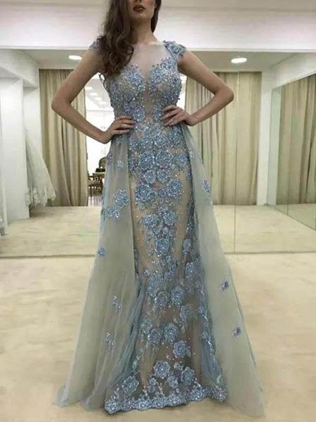 

see through women dress cap sleeve sheath evening dresses luxury lace appliques beaded long evening gowns detachable prom party dresses, Black;red