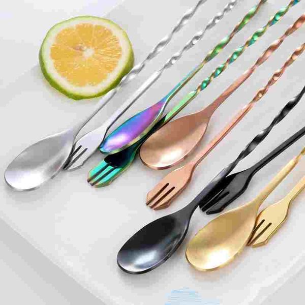 

stainless steel long stir spoon overlong coffee spoon bartender mixing spoon cocktail shaker with fruit fork handle 26cm 32cm