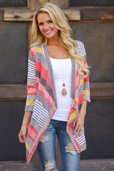 

asymmetric europe autumn striped panel 3/4 sleeve cardigan jacket spot, Black;brown