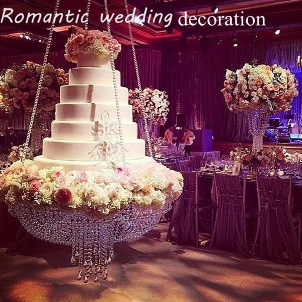 

Dia 60cm round cry tal chandelier cake tand hanging with cry tal beaded cake table for wedding decoration