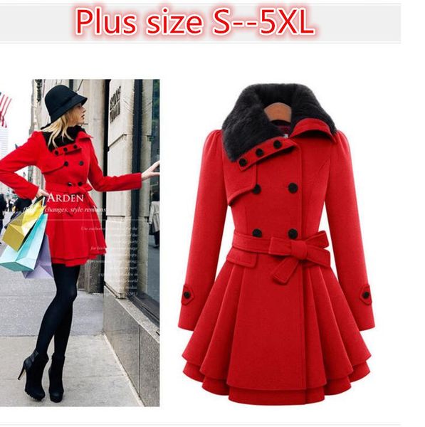 

women wool blend trench overcoat winter turn-down collar long sleeve peacoat double breasted slim fit outwear plus size 5xl, Tan;black