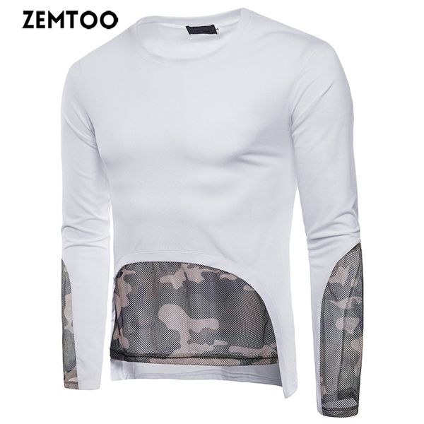 

zemtoo tshirts men t shirt long sleeve 2018 spring autumn new long sleeve o-neck t shirt men clothing fashion patchwork tee, White;black