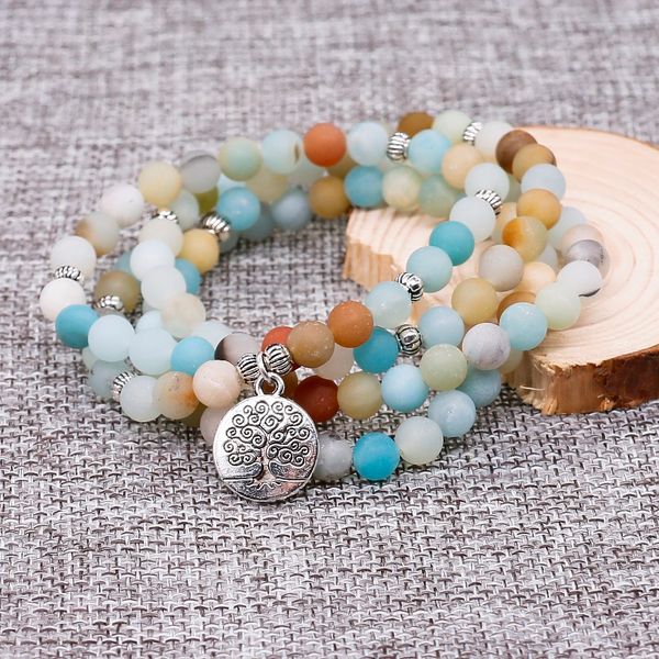 Braccialetto di perline rotonde 108 perline di pietra amazzonite naturale Preghiera Fare preghiera Buddha Yoga Mala Perline braccialetto per donne e uomini