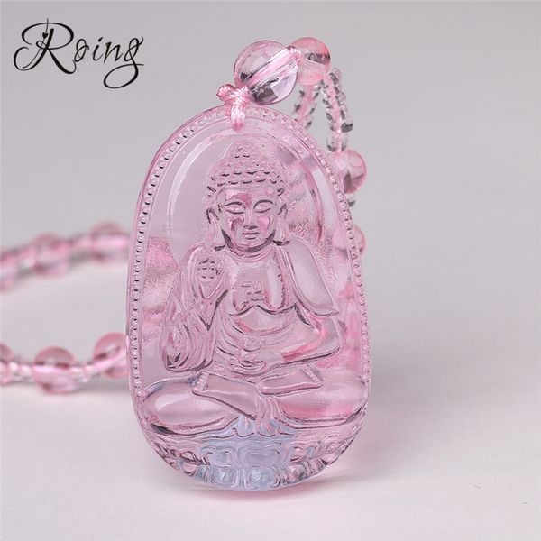 

roing natural pink quartz necklace stone buddha pendant guardian beads chain crystal carved women men lucky gift jewelry f006, Silver