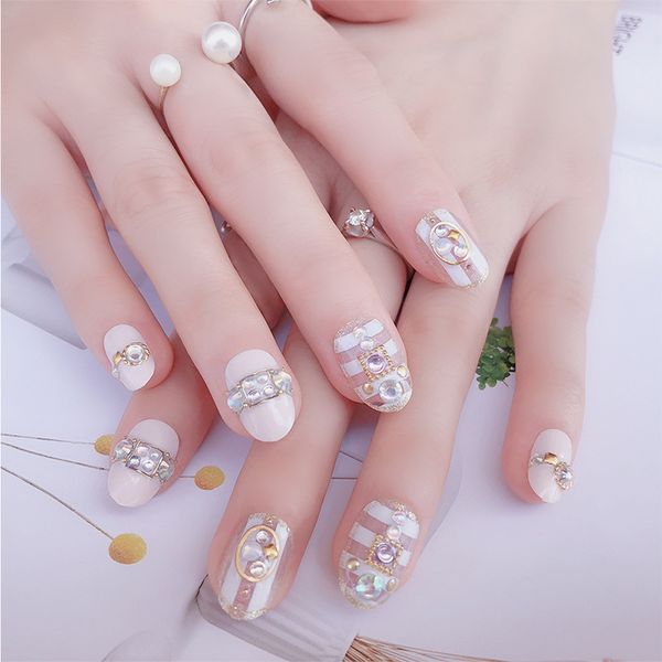 

cute wedding unhas 24pcs long sharp glitter flower tips for nail art transparent style with glue sticker bride nail art tool#, Red;gold