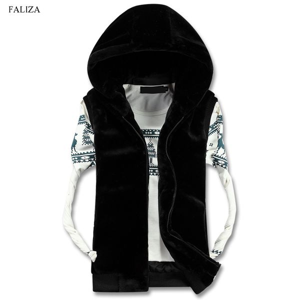 

faliza fashion winter faux vest men sleeveless waistcoat male thermal casual thick warm hooded jacket outerwear mj107, Black;white