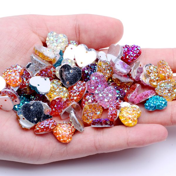 

12mm 40pcs heart shape ab colors flatback resin rhinestones gems with 2 holes sew on diy scrapbooking craft jewelry decoration, Silver;gold