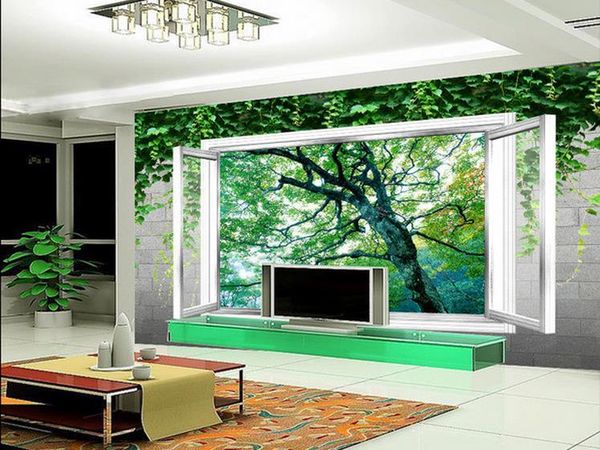 

wallpaper 3d mural for living room out of the window, green and beautiful, big tree, high-definition tv background wall decoration painting
