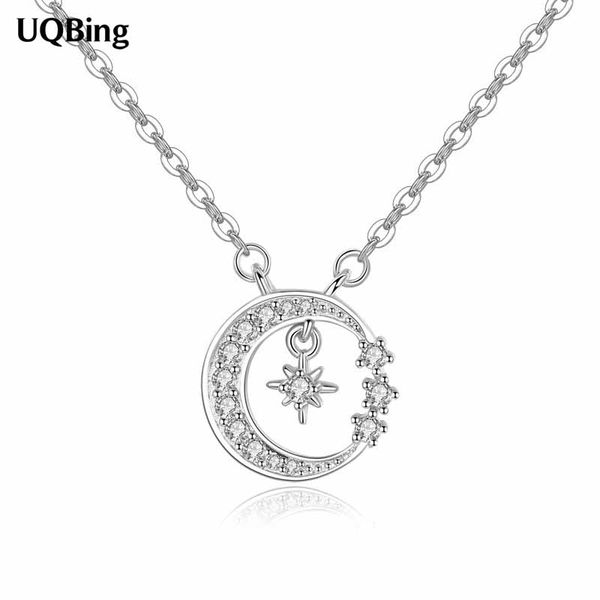 

925 sterling silver circle round rhinestone moon pendant necklaces pure sterling silver necklaces jewelry collar colar de plata, Golden;silver